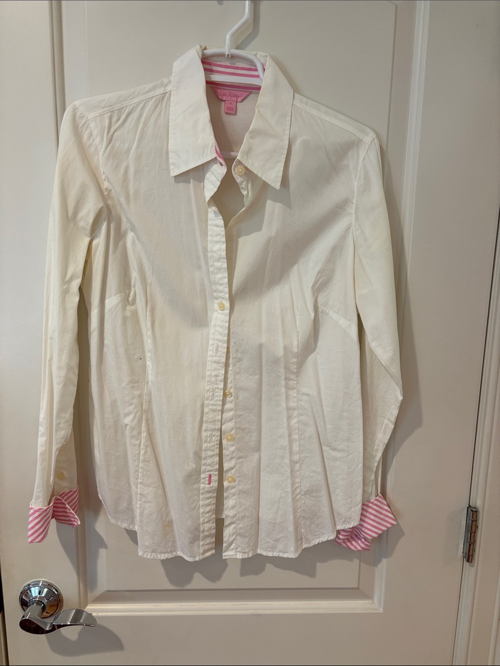 Lilly Pulitzer Women’s White Button-Front Shirt with Pink Stripe Trim